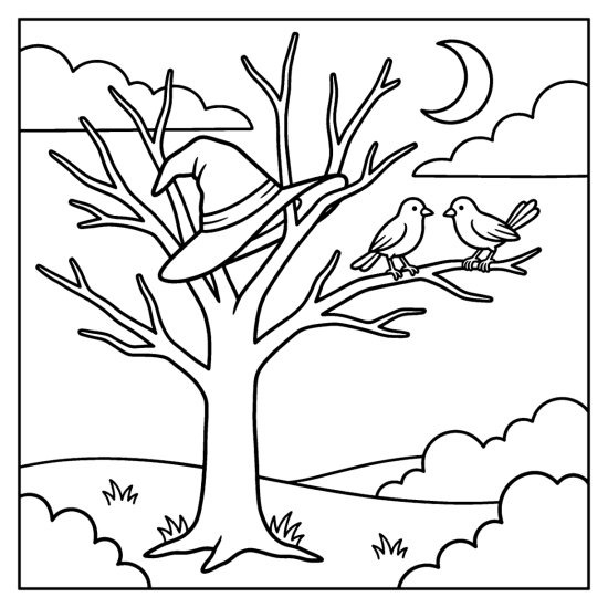 Witch hat snagged in the bare branches of a tree with two birds and a crescent moon, coloring page