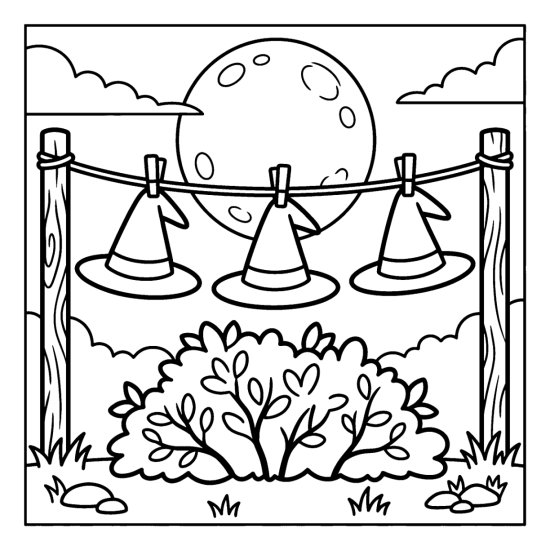 Three small witch hats pegged on a clothesline between two posts under a full moon, bold and easy
