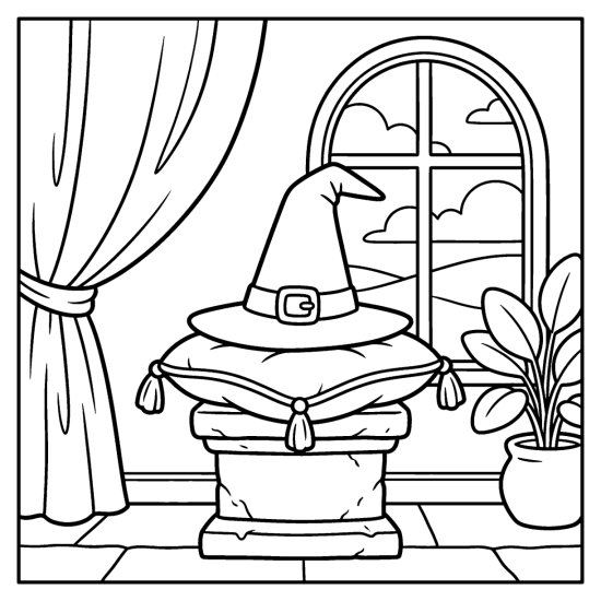 Grand witch hat resting on a velvet cushion atop a pedestal by an arched window, coloring sheet