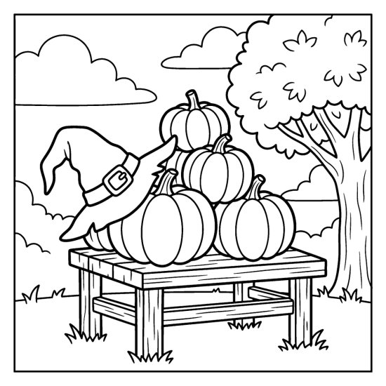 Witch hat with a floppy brim leaning against a stack of pumpkins at a farm stand, coloring page