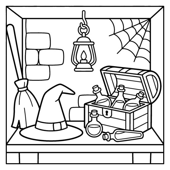Witch hat beside an open chest of potion bottles on a cellar shelf with a lantern, bold and easy