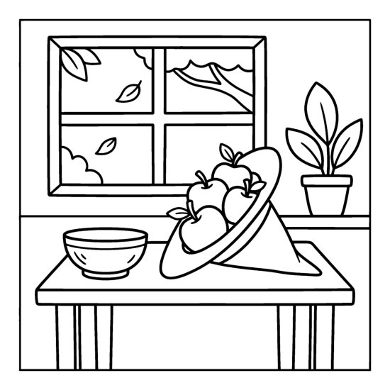 Witch hat tipped upside down holding round apples like a basket on a kitchen table, coloring page