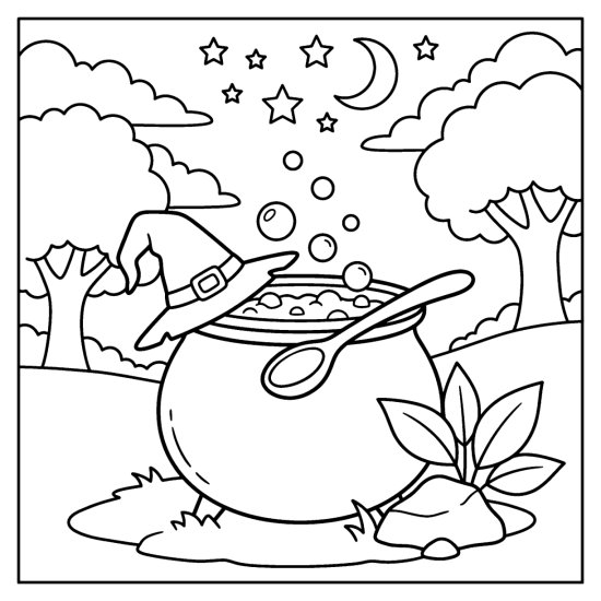 Witch hat resting on a bubbling cauldron with a spoon and stars under trees, coloring sheet