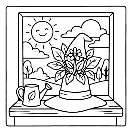 Witch hat used as a planter with a flower growing out on a windowsill, bold and easy
