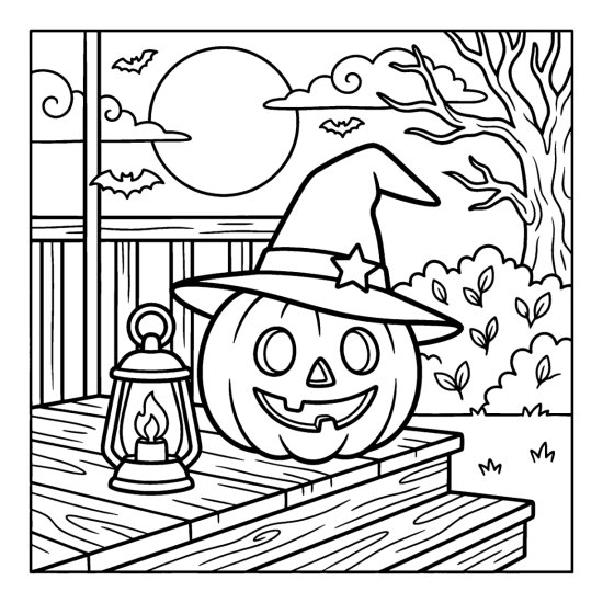 Witch hat perched on a carved pumpkin on a porch step with a lantern and moon, coloring page