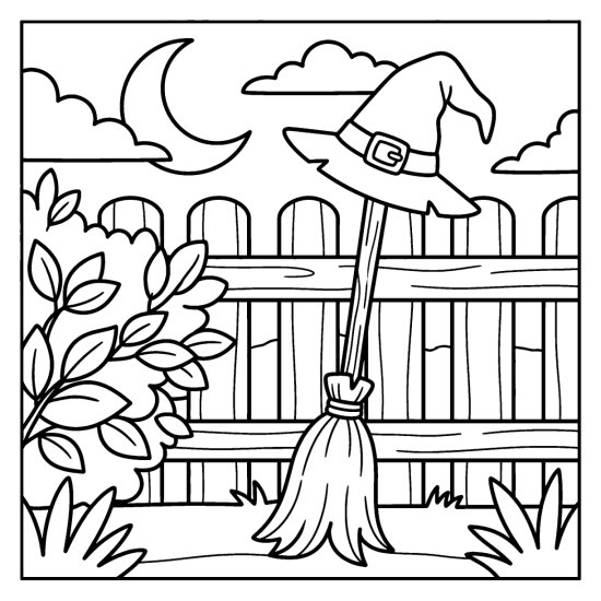 Witch hat hooked on a broom leaning against a wooden fence under a crescent moon, coloring sheet