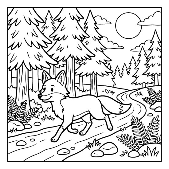 A fox trotting along a forest trail lined with pine trees under a round moon, coloring page