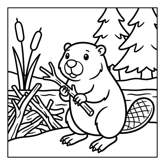 A beaver beside a stick dam holding a branch with cattails behind, coloring page