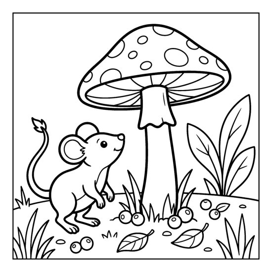 A small mouse beside a towering spotted toadstool with grass and berries, coloring sheet
