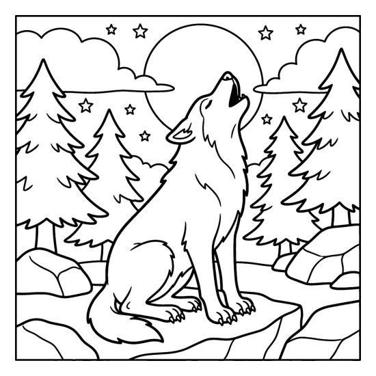 A wolf howling on a rocky ridge under a round moon with pines, coloring page