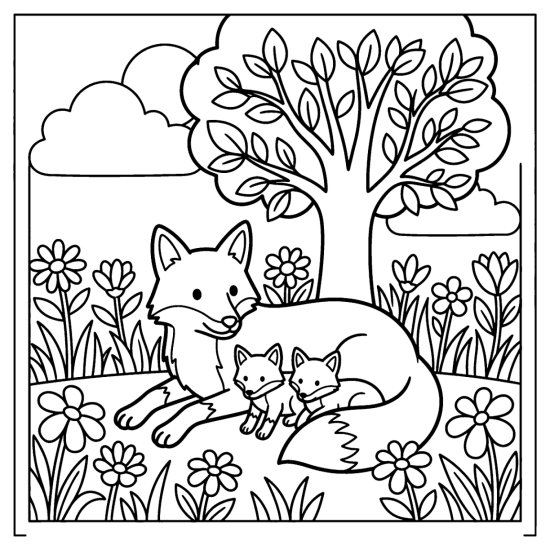 A mother fox lying with two kits in a flowering meadow, coloring sheet