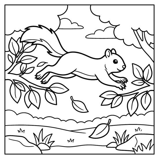 A squirrel leaping between two leafy branches above the forest floor, coloring page