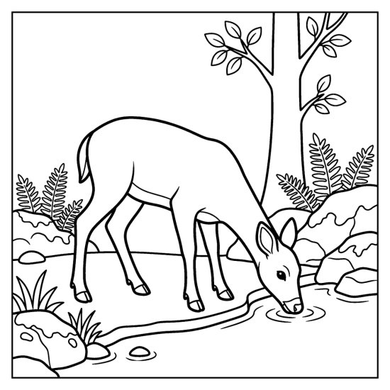 A deer bending to sip from a brook with mossy rocks and ferns, coloring sheet