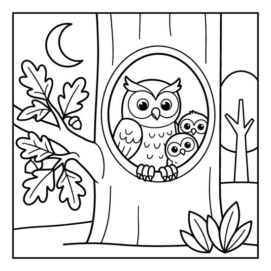 An owl with two owlets peeking from a tree hollow under a moon, coloring page