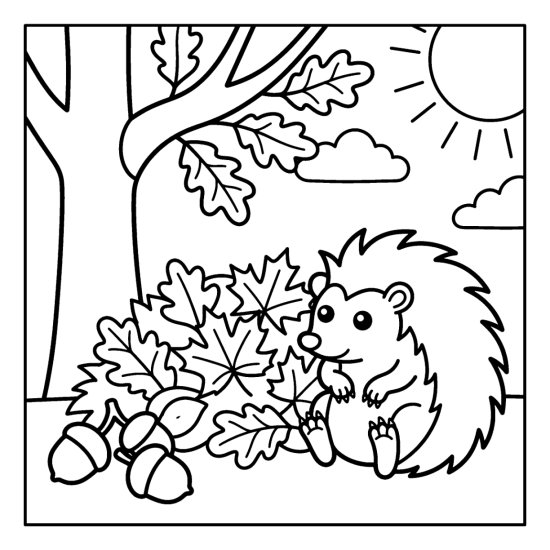 A hedgehog curled beside a pile of fallen leaves with scattered acorns, coloring sheet