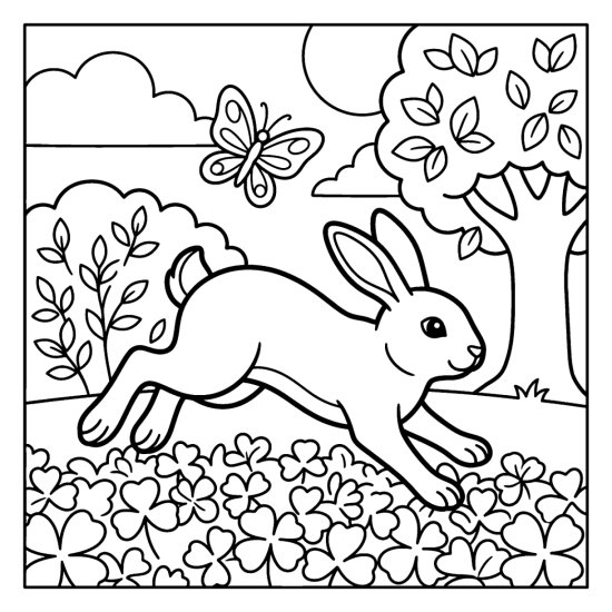 A rabbit hopping across a clover patch with a butterfly above, coloring page