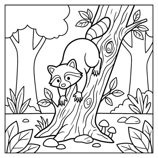 A raccoon climbing head down a tree trunk gripping the bark, coloring sheet