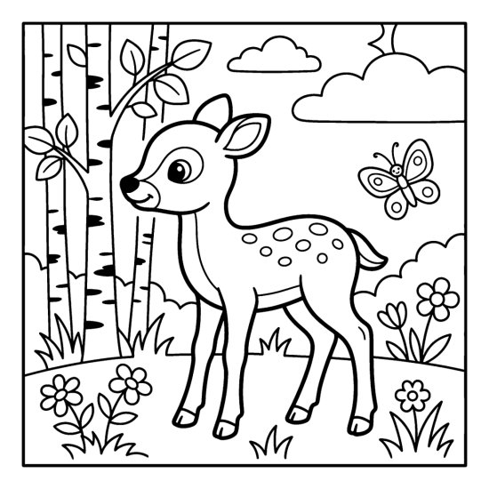 A spotted fawn standing among birch trees and wildflowers with a butterfly nearby, coloring sheet