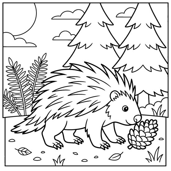 A porcupine nudging a fallen pine cone with pines and ferns behind, coloring page