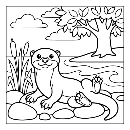 An otter lounging on a riverbank among reeds and smooth stones, coloring sheet