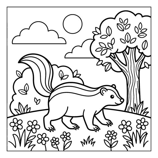 A skunk wandering through a patch of blossoms with a shrub and tree, coloring page