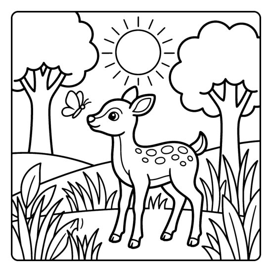 A fawn watching a butterfly in a sunlit glade with tall grass, coloring sheet