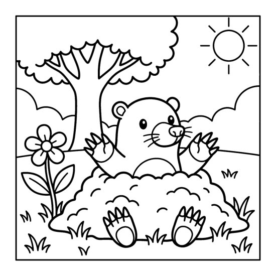 A mole popping up from a soil mound with a flower and tree, coloring page