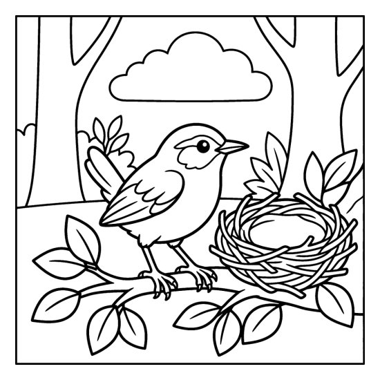 A wren standing beside its round twig nest on a leafy branch, coloring sheet