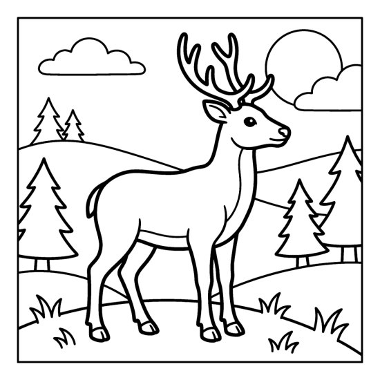 A stag with branching antlers standing on a hillside with pines, coloring page