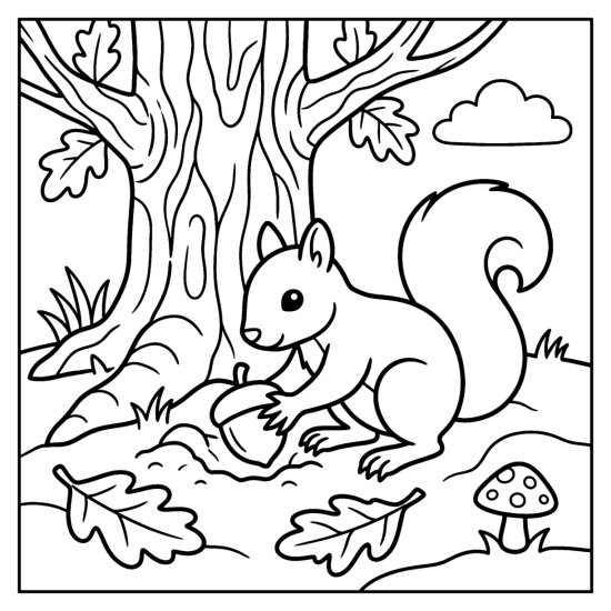 A squirrel burying an acorn at the base of an oak with leaves, coloring sheet