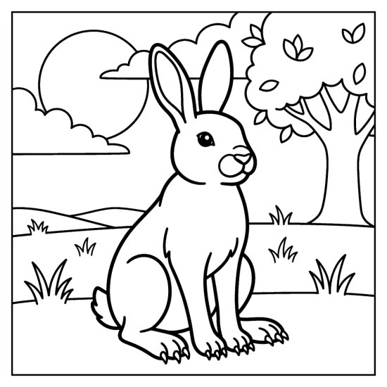 A hare sitting upright in a field beneath a big round moon, coloring page