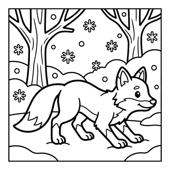 A fox pouncing through a snowy clearing with bare trees and snowflakes, coloring sheet