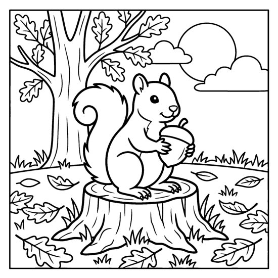 A squirrel on a tree stump holding an acorn beneath a tall oak, coloring page