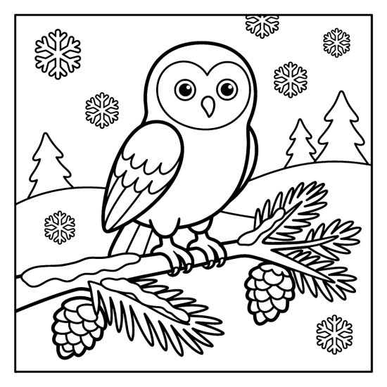 An owl on a frosted pine branch with falling snowflakes and pinecones, coloring page
