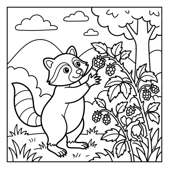 A raccoon reaching up to pick berries from a tall bramble, coloring sheet