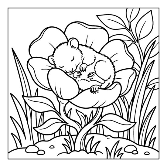 A dormouse curled asleep inside a large open flower with leaves, coloring page