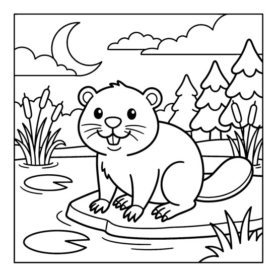 A beaver on a flat rock at a pond at dusk with lily pads and moon, coloring sheet