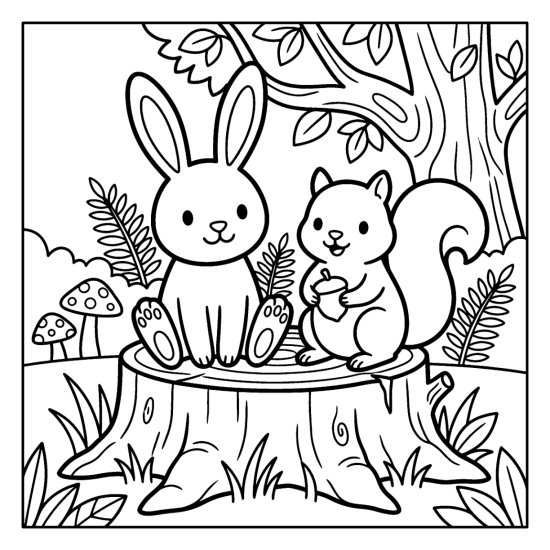 A rabbit and squirrel sitting together on a stump with toadstools, coloring page