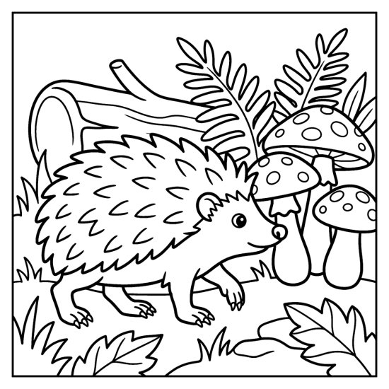 A hedgehog walking past rounded toadstools with ferns and a fallen log, coloring sheet