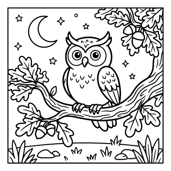 An owl perched on an oak branch under a crescent moon and simple stars, coloring page