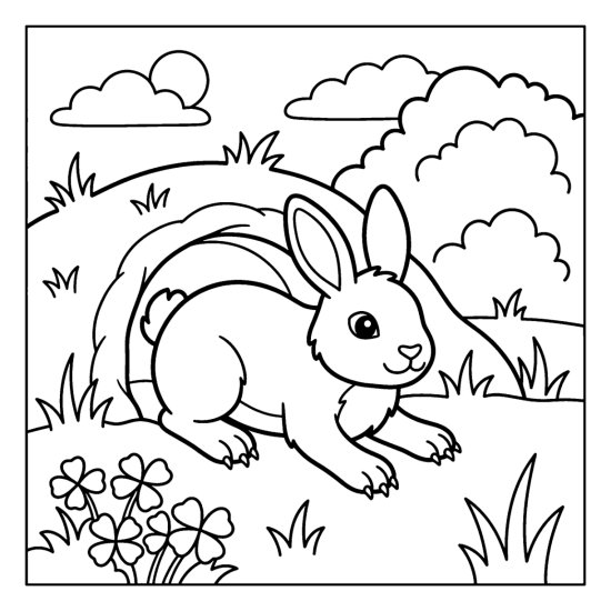 A rabbit at its burrow entrance among tufts of grass and clover, coloring sheet