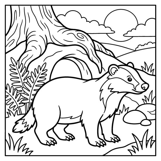 A badger standing outside its den beneath a tree root with ferns, coloring page