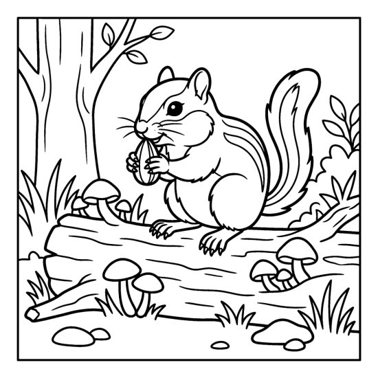 A chipmunk on a fallen log nibbling a seed with toadstools nearby, coloring sheet
