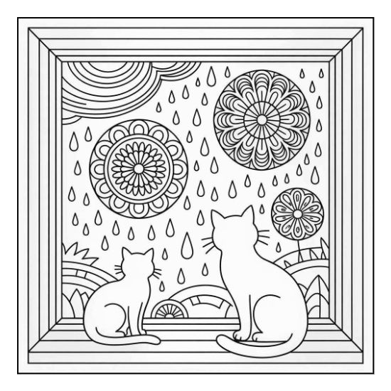 Two cats look out a window at rain and flower mandalas in this adult coloring page.