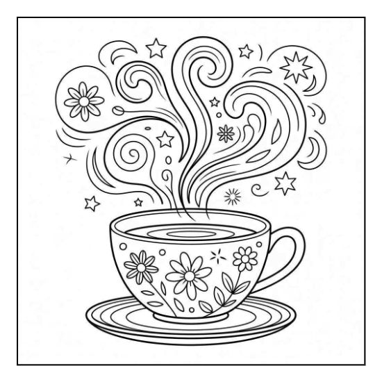 Floral teacup and saucer with swirling magical steam, stars, and crescent moons in a simple coloring page.