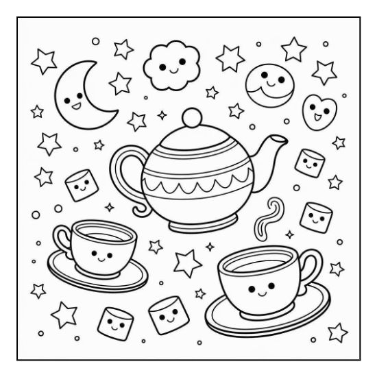 Smiling teapot and teacups surrounded by stars, moons, and marshmallow characters in a whimsical bold and easy.