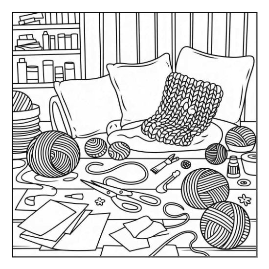 Cozy knitting scene with yarn balls and accessories on a table in this detailed coloring sheet.