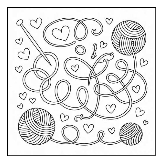 Yarn balls and knitting needles surrounded by a whimsical heart pattern on a bold and easy coloring page.