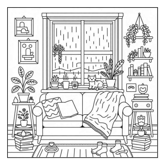 Cozy living room with a cat on the windowsill during a rainy day coloring sheet.