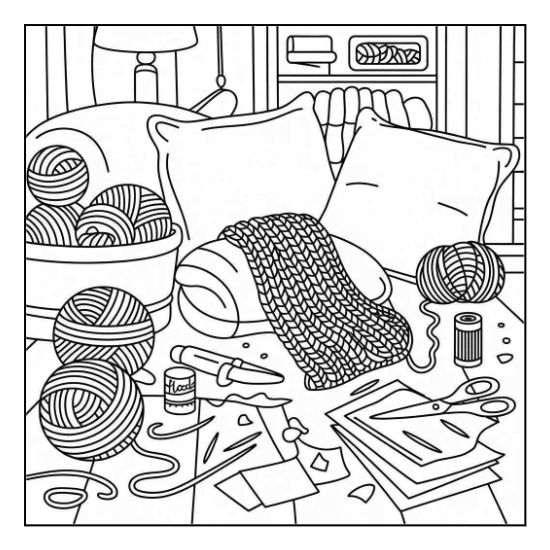 Cozy knitting scene featuring yarn balls, needles, and a scarf on a sofa acts as a relaxing coloring page.